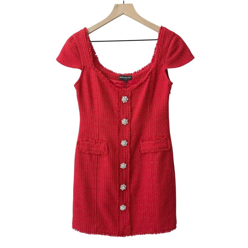 Generation Love Red Tweed Mini Dress 6 Crystal Button Frayed Holiday Glam Party
